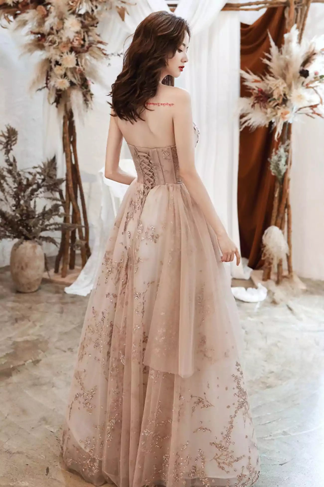 A-Line Lovely Strapless Tulle Sequined Long Prom Dresses Evening Party Dresses