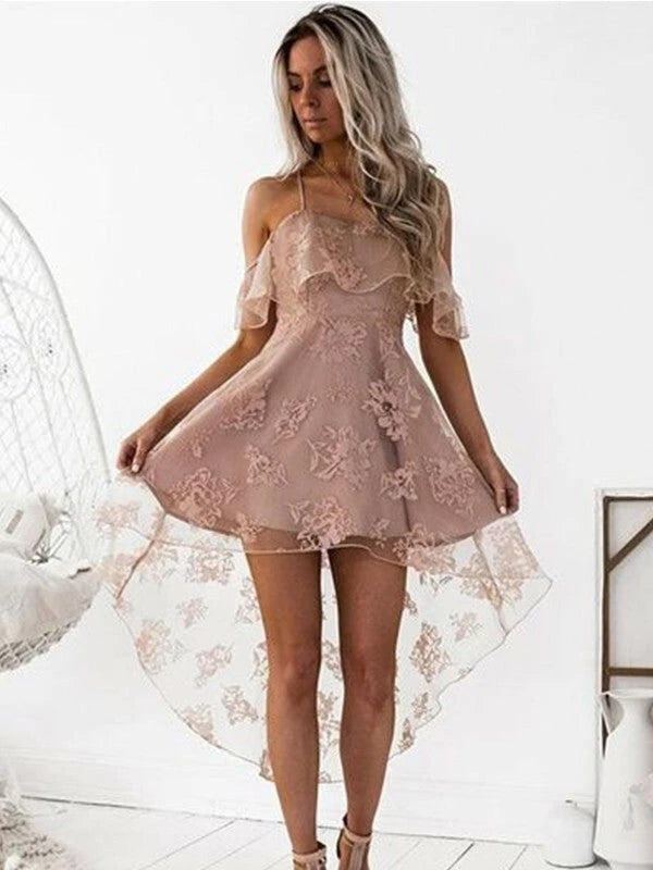 A-Line Off-the-Shoulder Short Sleeveless chiffon Lace Party Dresses Homecoming Dress