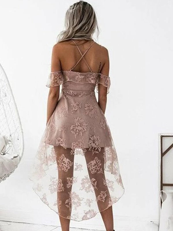 A-Line Off-the-Shoulder Short Sleeveless chiffon Lace Party Dresses Homecoming Dress