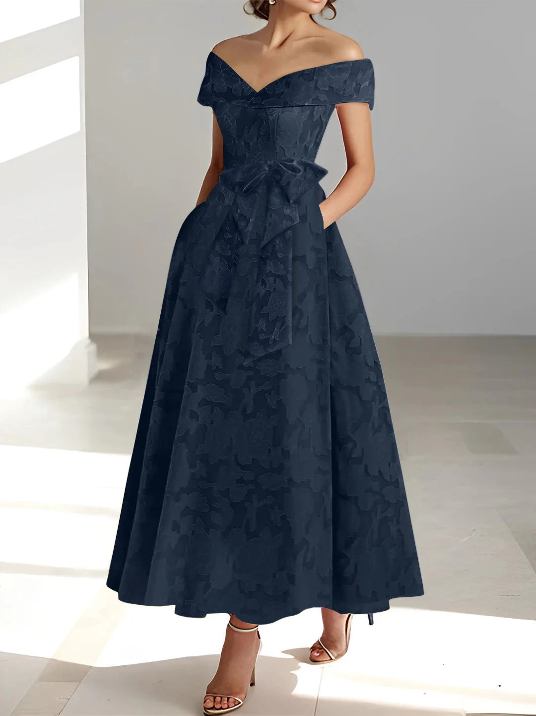 A-Line Off-the-Shoulder Sleeveless Ankle-Length Rose Lace Applique with Pockets Mother of the Bride Dresses