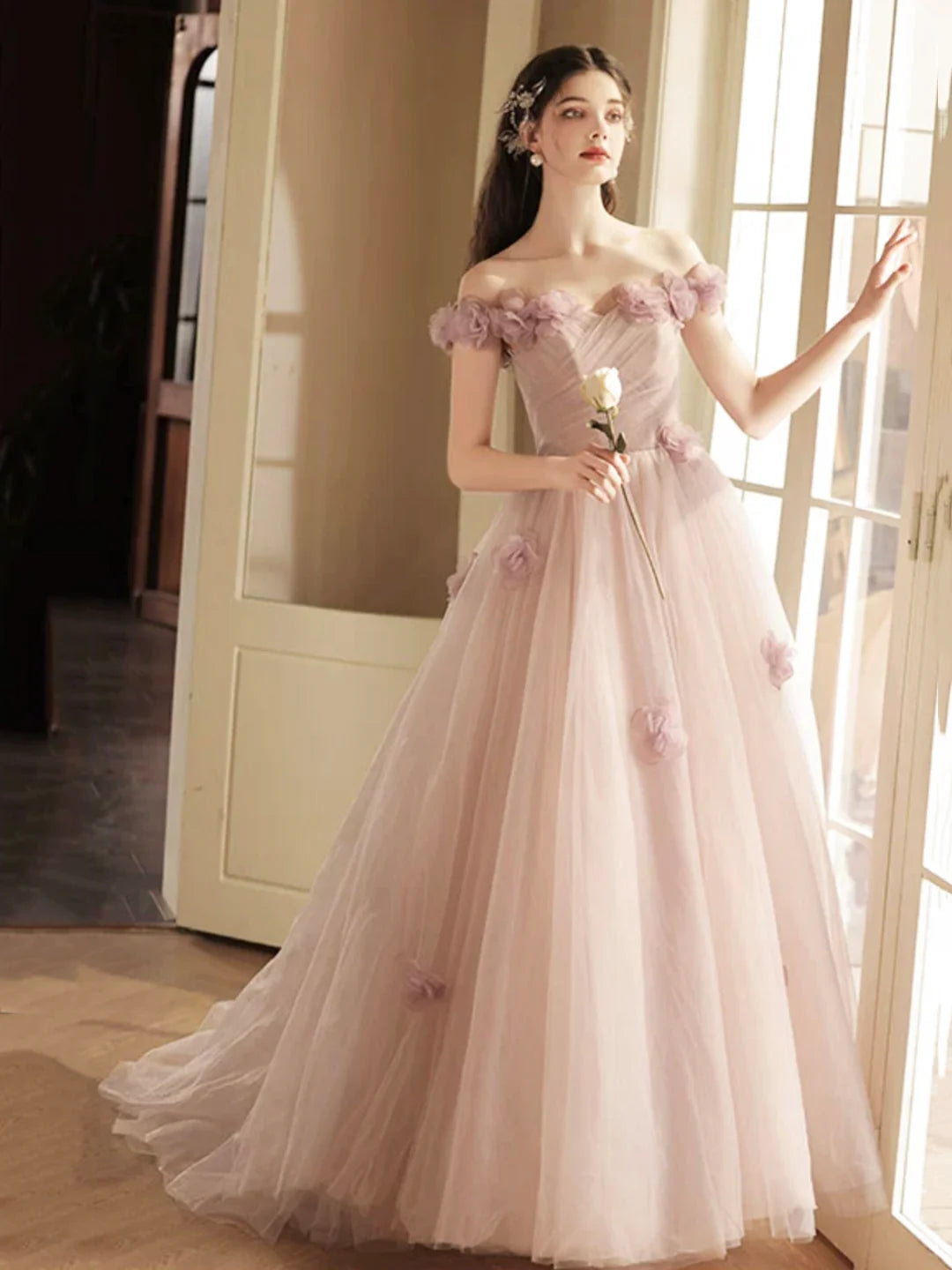 A-Line Off the Shoulder Beautiful Tulle Long Prom Dress with Flowers Evening Party Dress