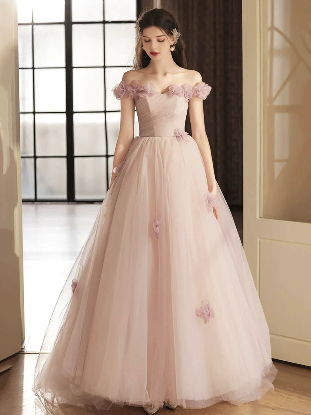 A-Line Off the Shoulder Beautiful Tulle Long Prom Dress with Flowers Evening Party Dress