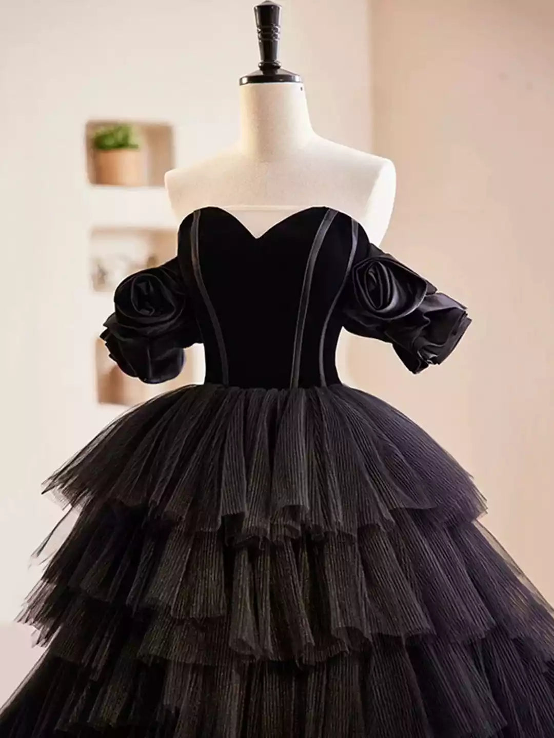 A-Line Off the Shoulder Black Velvet and Tulle Long Prom Dress Formal Evening Dress