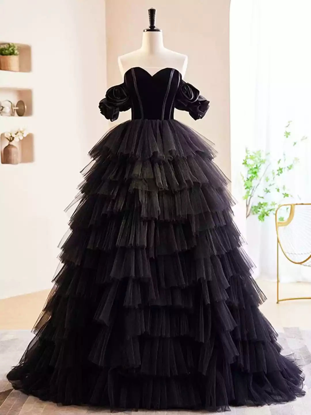 A-Line Off the Shoulder Black Velvet and Tulle Long Prom Dress Formal Evening Dress