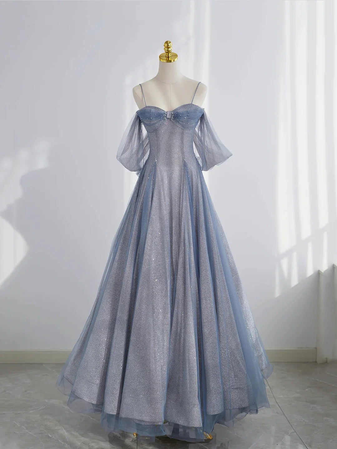 A-Line Off the Shoulder Blue Tulle Long Prom Dress Blue Evening Party Dress