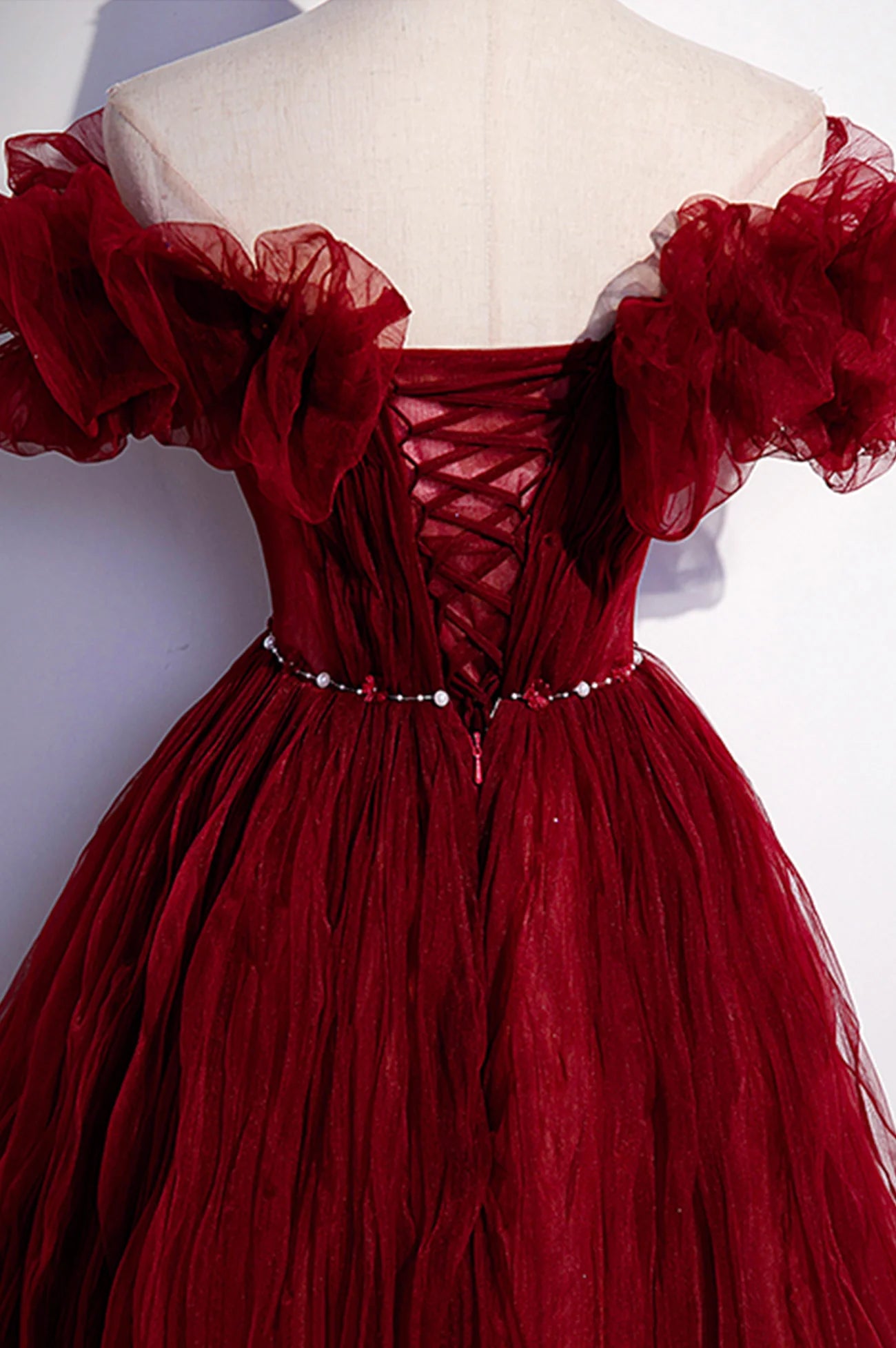 A-Line Off the Shoulder Burgundy Tulle Long Prom Dresses Evening Party Dresses
