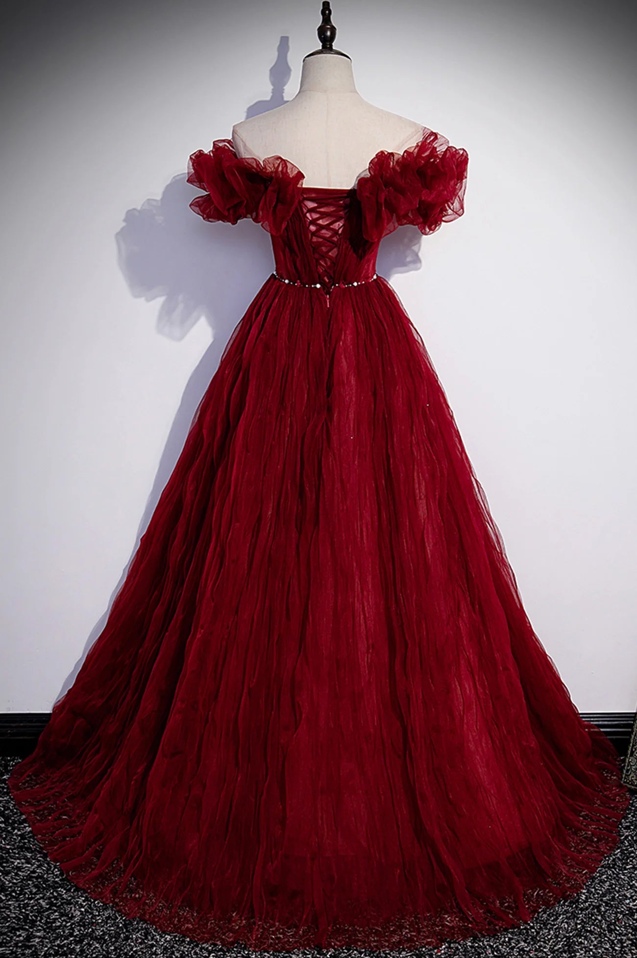 A-Line Off the Shoulder Burgundy Tulle Long Prom Dresses Evening Party Dresses
