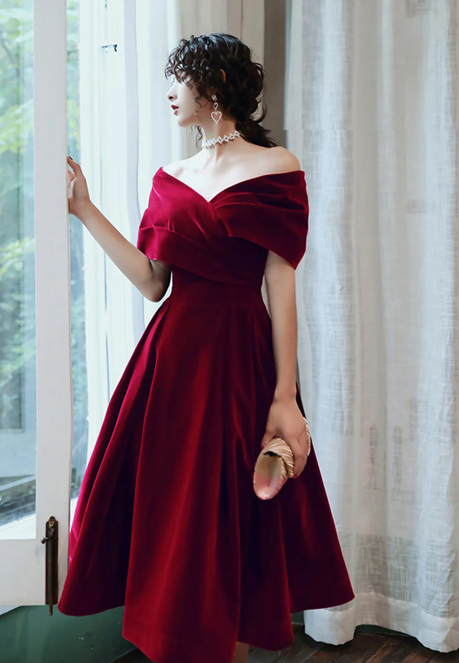 A-Line Off the Shoulder Burgundy Velvet Short Prom Dresses  Evening Dresses Party Dresses