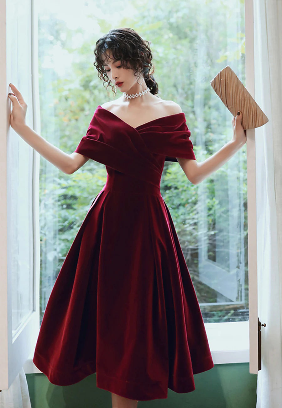 A-Line Off the Shoulder Burgundy Velvet Short Prom Dresses  Evening Dresses Party Dresses