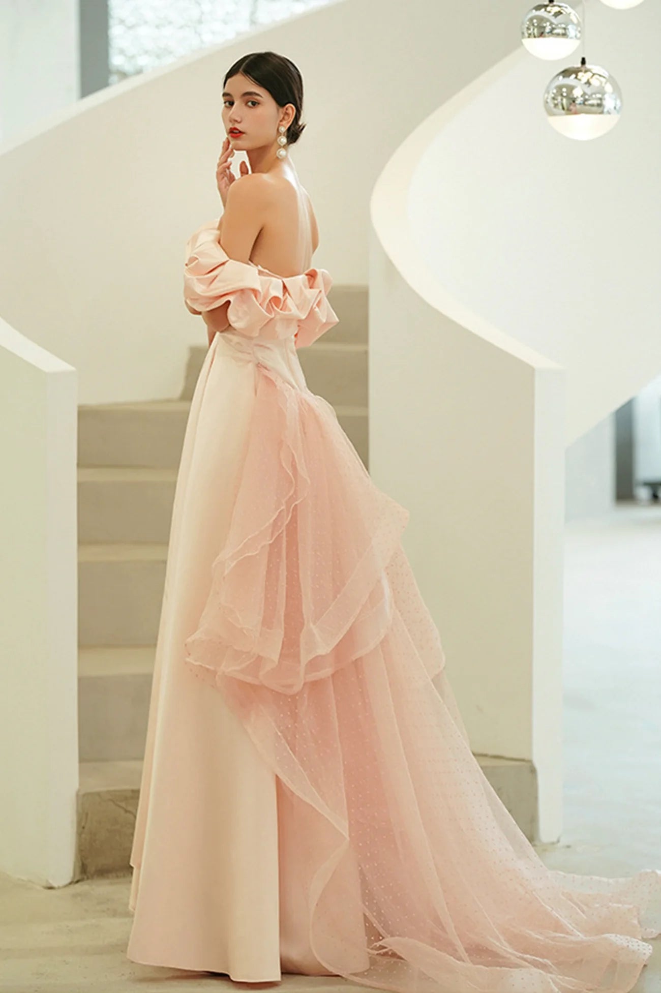 A-Line Off the Shoulder Pink Satin Long Prom Dresses Evening Party Dresses
