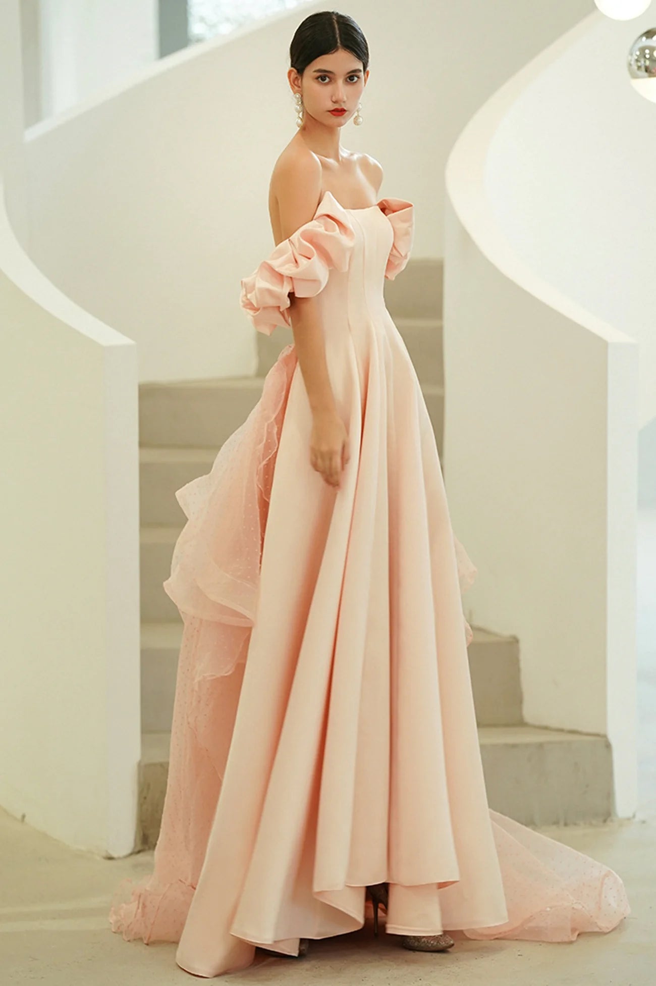 A-Line Off the Shoulder Pink Satin Long Prom Dresses Evening Party Dresses
