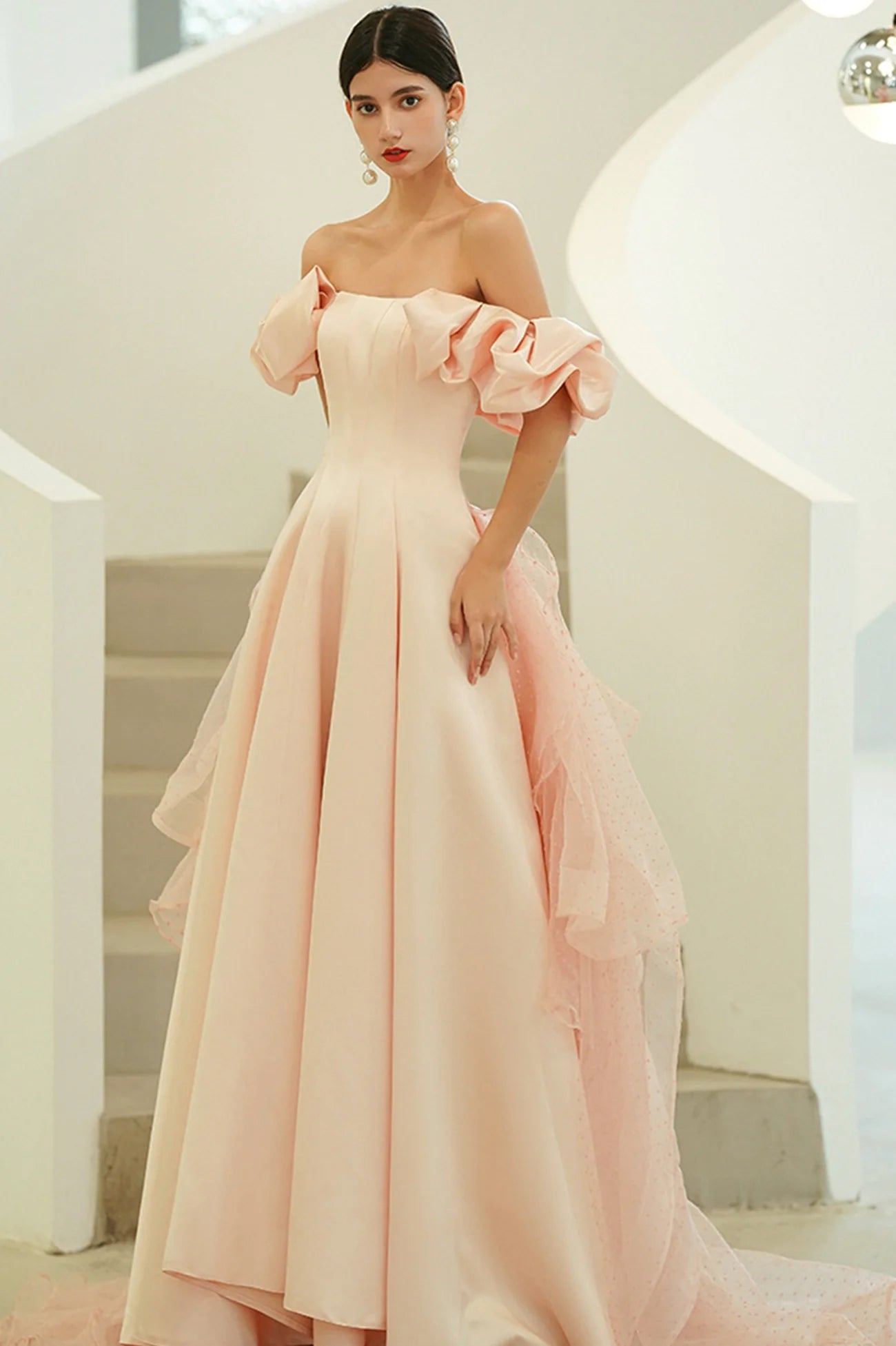 A-Line Off the Shoulder Pink Satin Long Prom Dresses Evening Party Dresses