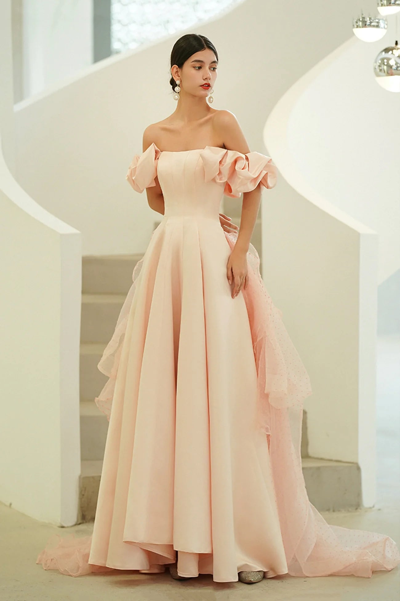 A-Line Off the Shoulder Pink Satin Long Prom Dresses Evening Party Dresses