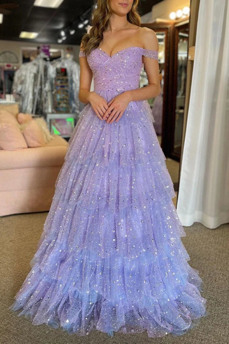 A-Line Off the Shoulder Ruffle Tiered Tulle Long Floor-length Sleeveless Evening Dresses Evening Dresses Prom Dress