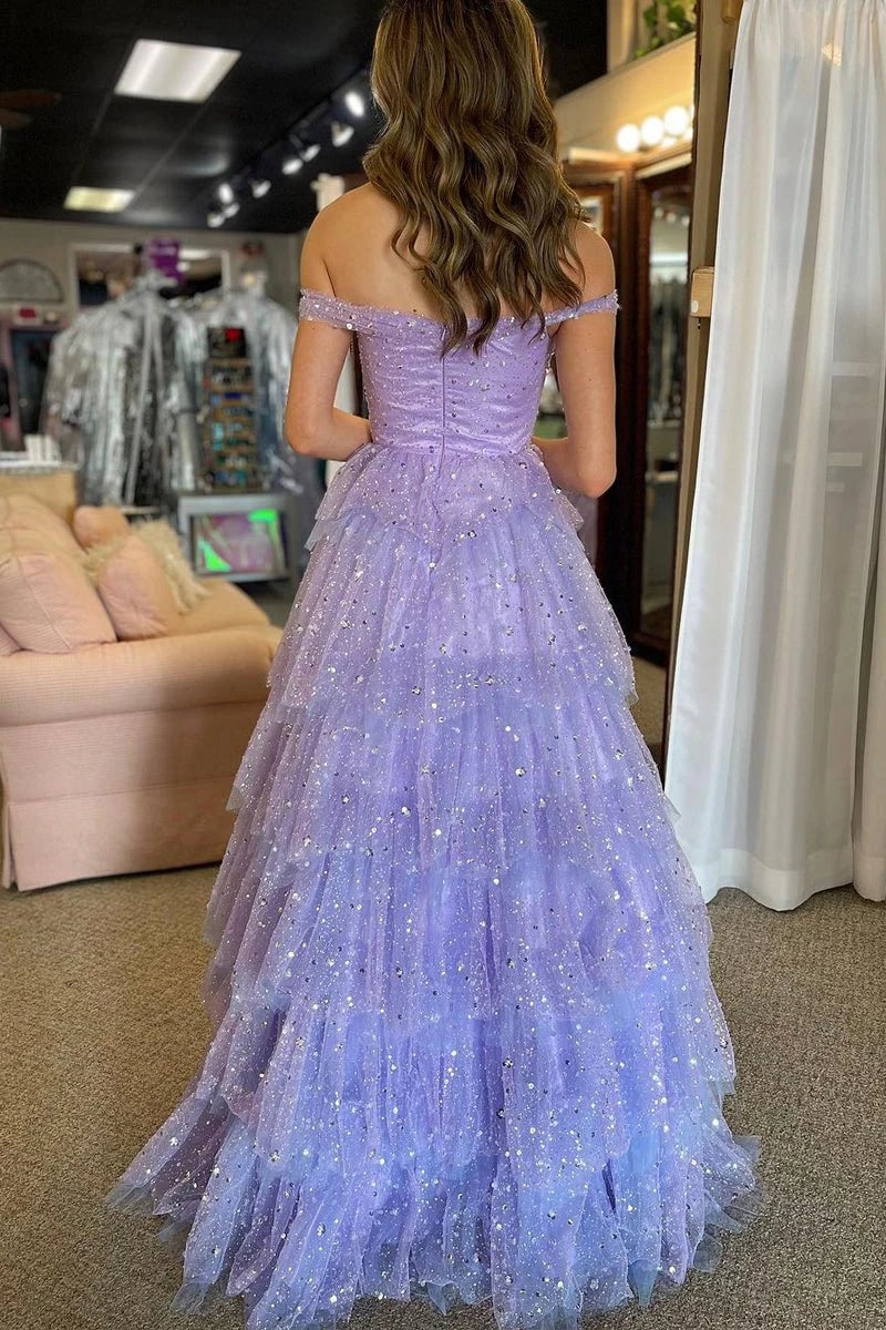 A-Line Off the Shoulder Ruffle Tiered Tulle Long Floor-length Sleeveless Evening Dresses Evening Dresses Prom Dress