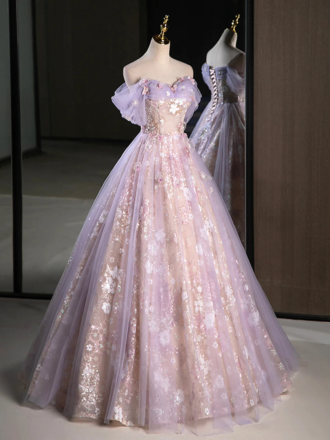 A-Line Off the Shoulder Sequins Purple Prom Dress Lovely Tulle Corset Floor Length Evening Dress