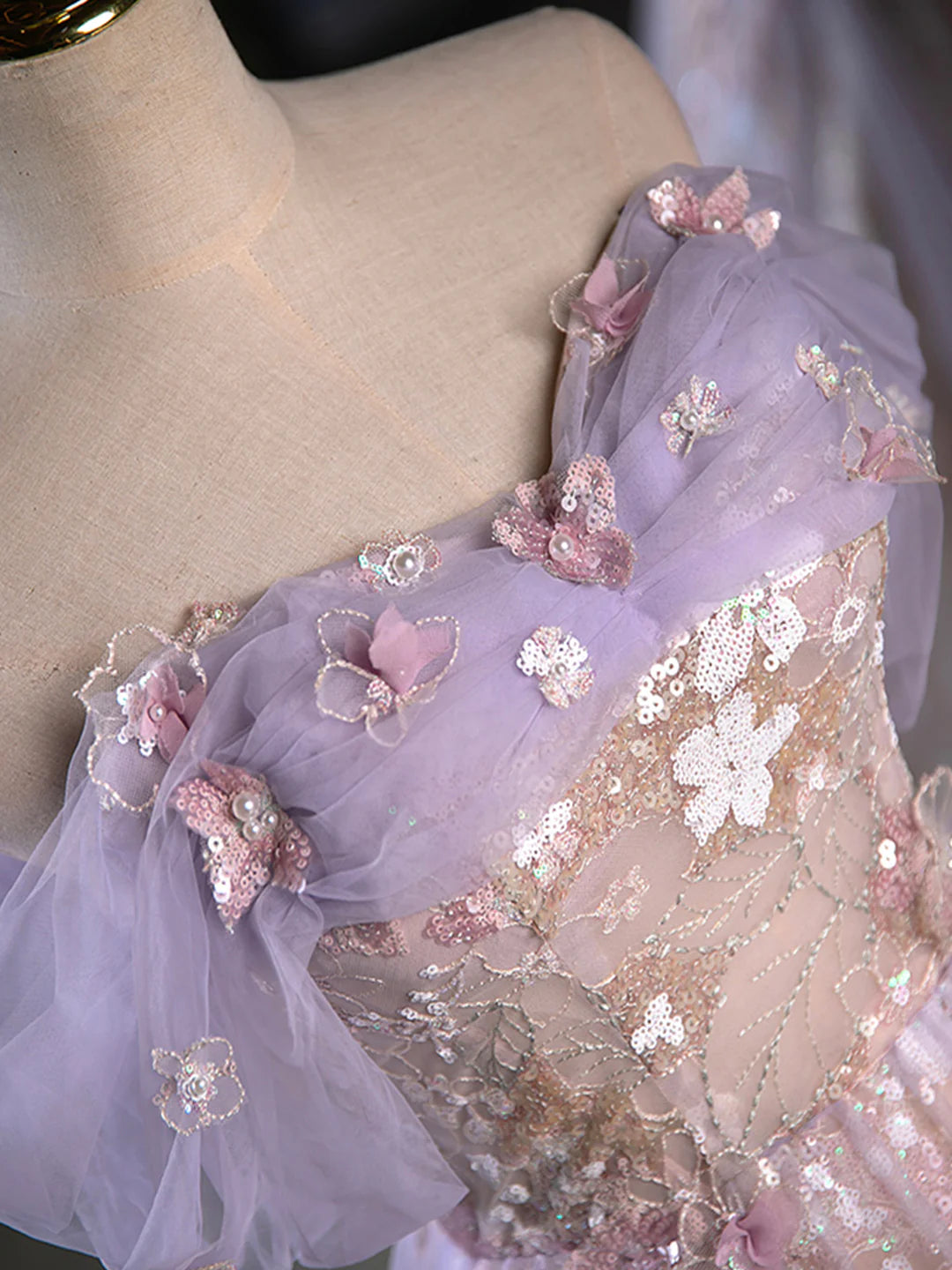 A-Line Off the Shoulder Sequins Purple Prom Dress Lovely Tulle Corset Floor Length Evening Dress