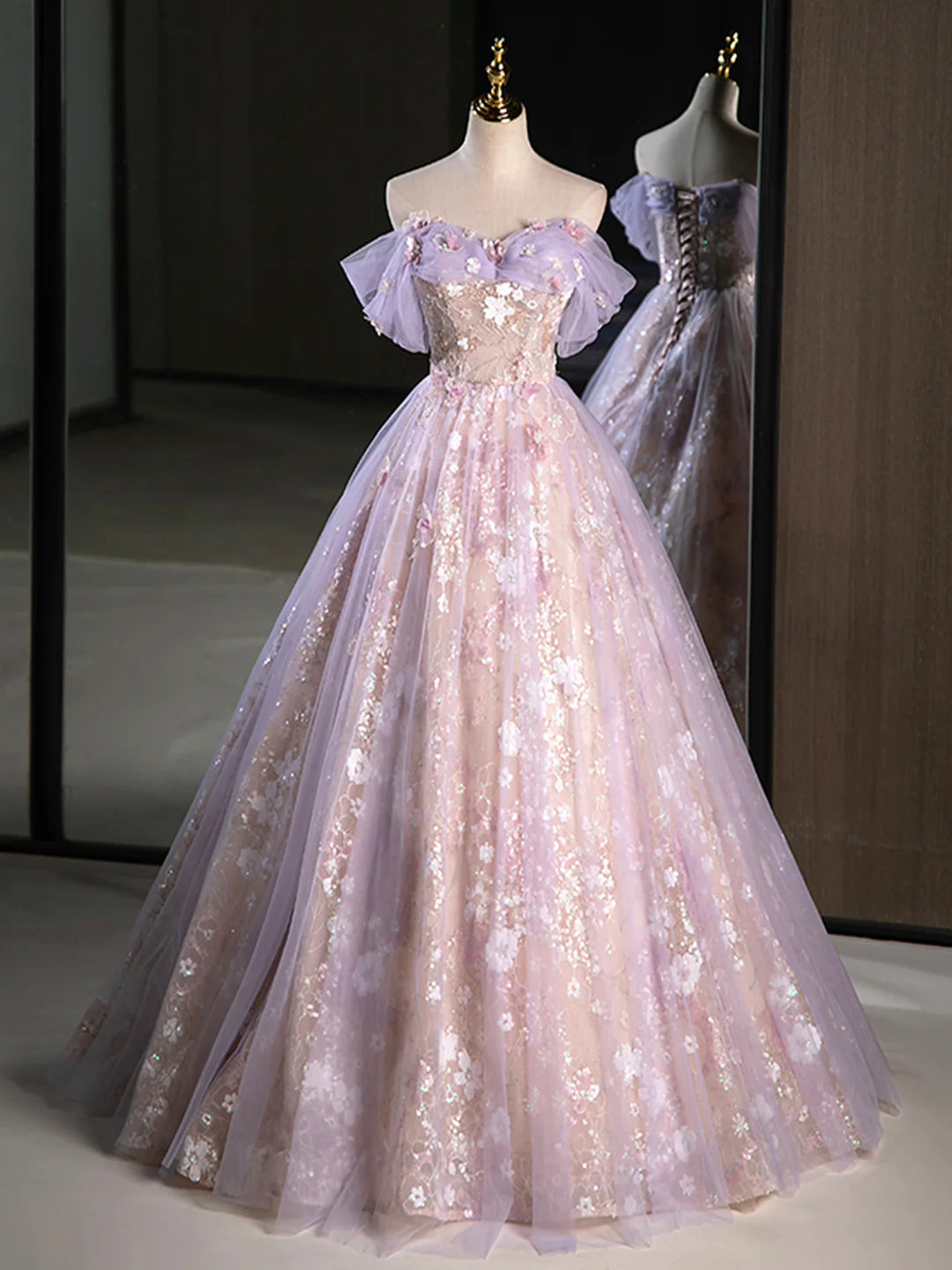 A-Line Off the Shoulder Sequins Purple Prom Dress Lovely Tulle Corset Floor Length Evening Dress