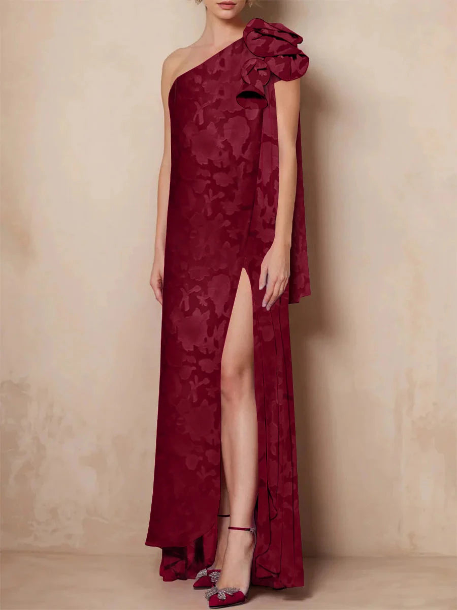 A-Line One-Shoulder Sleeveless Floor-Length Rose Lace Applique with Split Side Mother of the Bride Dresses