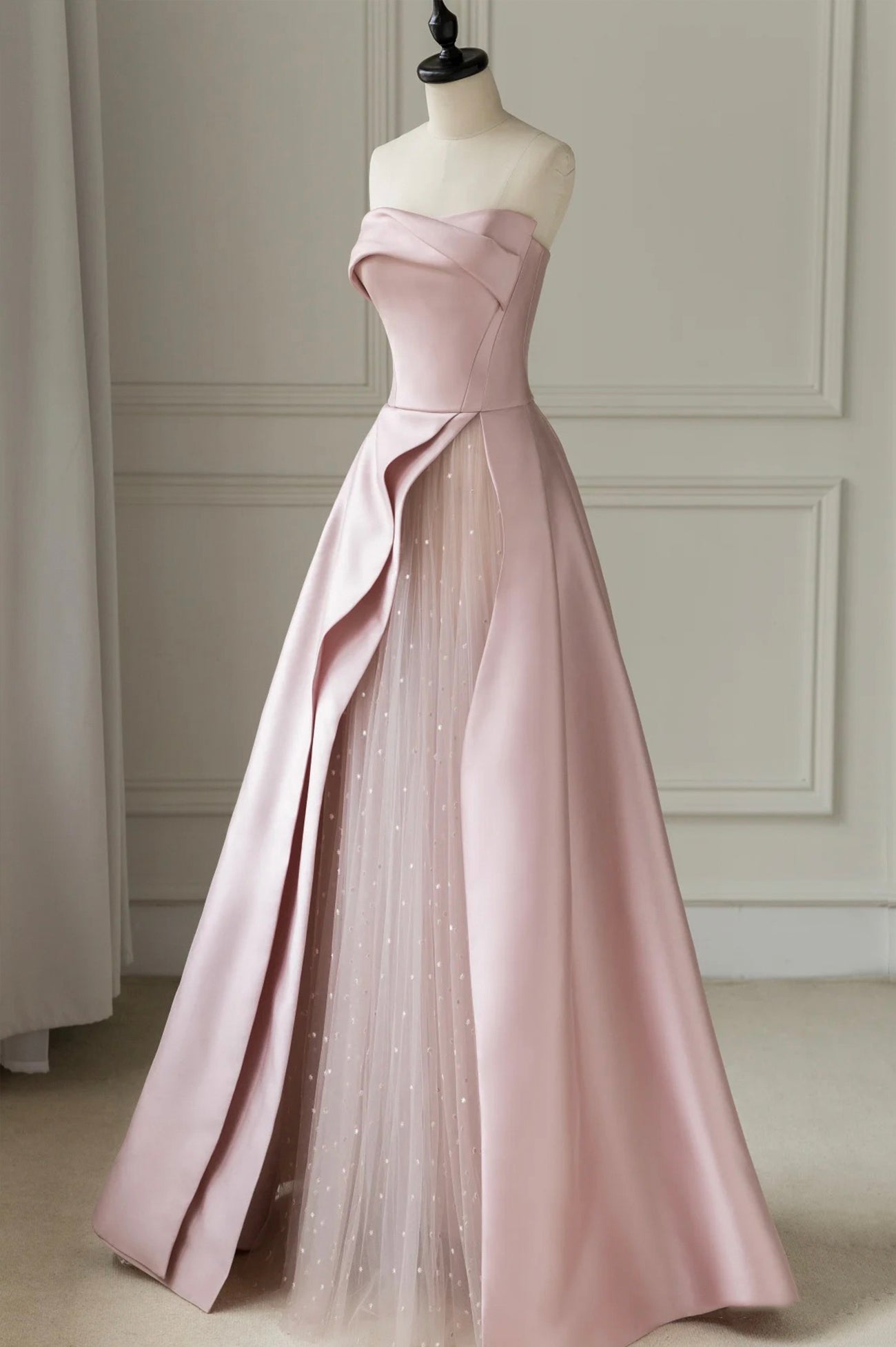 A-Line Pink Strapless Satin Floor Length Prom Dress Formal Evening Dress