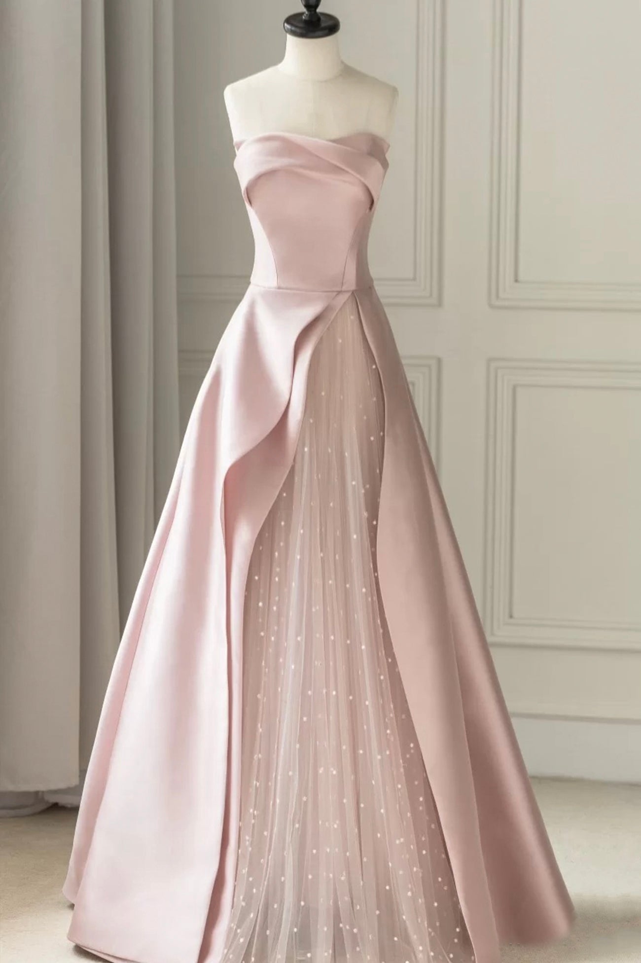 A-Line Pink Strapless Satin Floor Length Prom Dress Formal Evening Dress