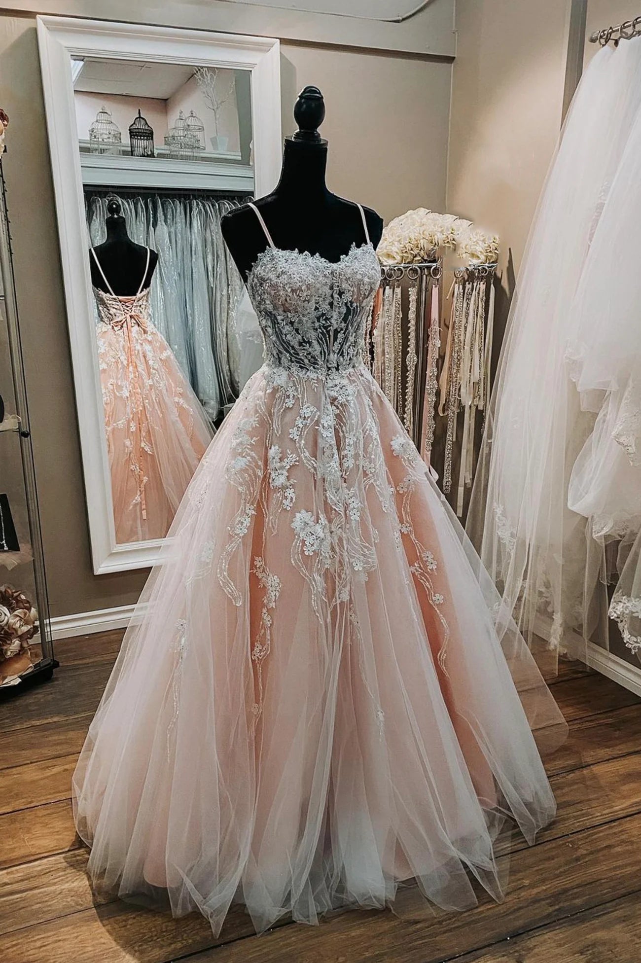 A-Line Pink Sweetheart Neck Lace Long Prom Dresses Formal Dresses Wedding Dress