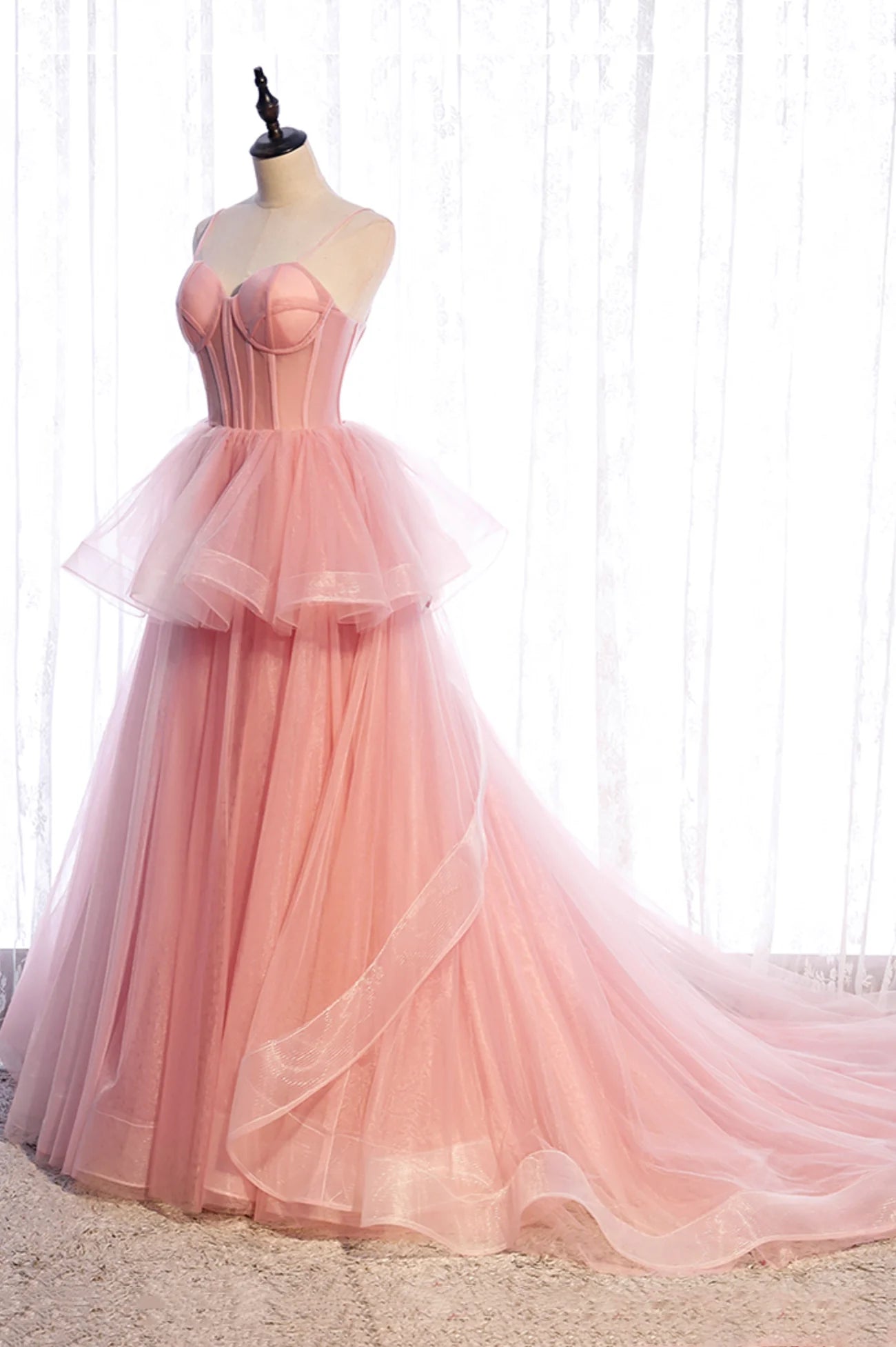 A-Line Pink Tulle Long Prom Dresses  A-Line Evening Dresses Wedding Dress