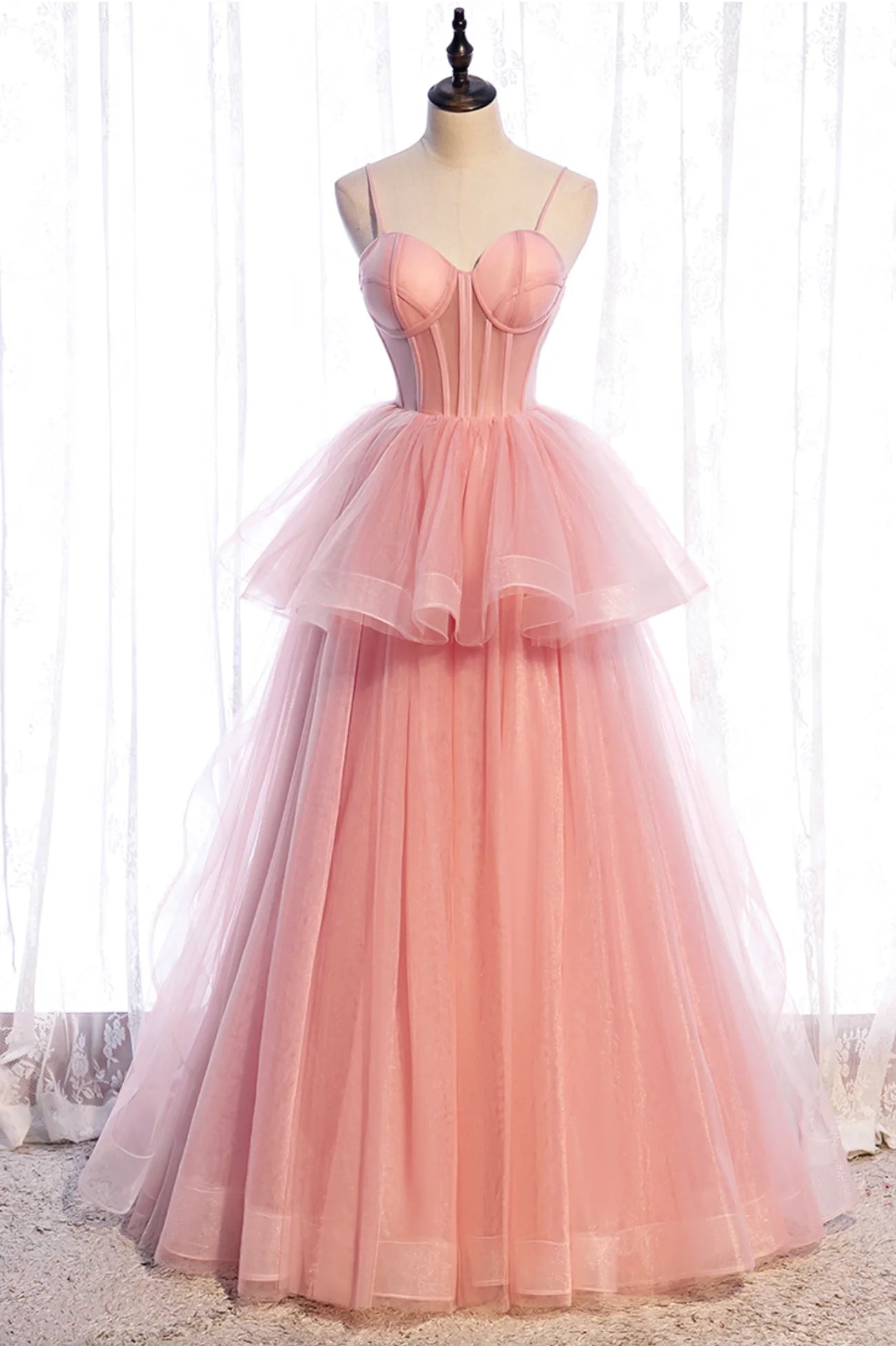 A-Line Pink Tulle Long Prom Dresses  A-Line Evening Dresses Wedding Dress