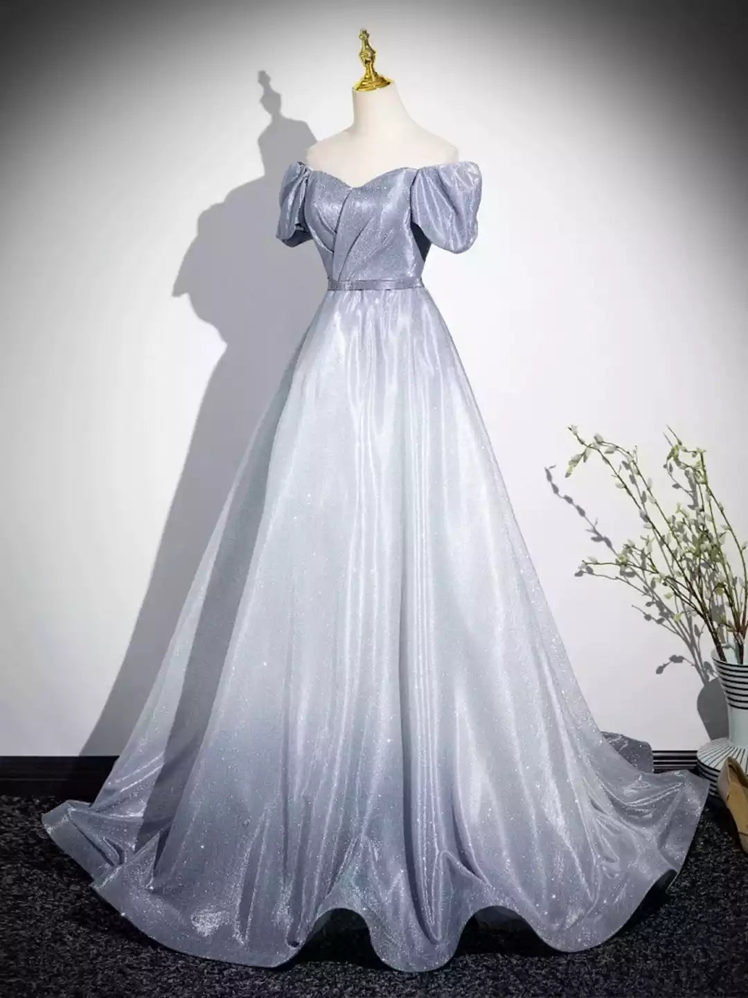 A-Line Princess Off-The-Shoulder Sleeveless Beautiful Gradient-Color Glitter Sequins Prom Dresses Gray Blue Formal Dresses