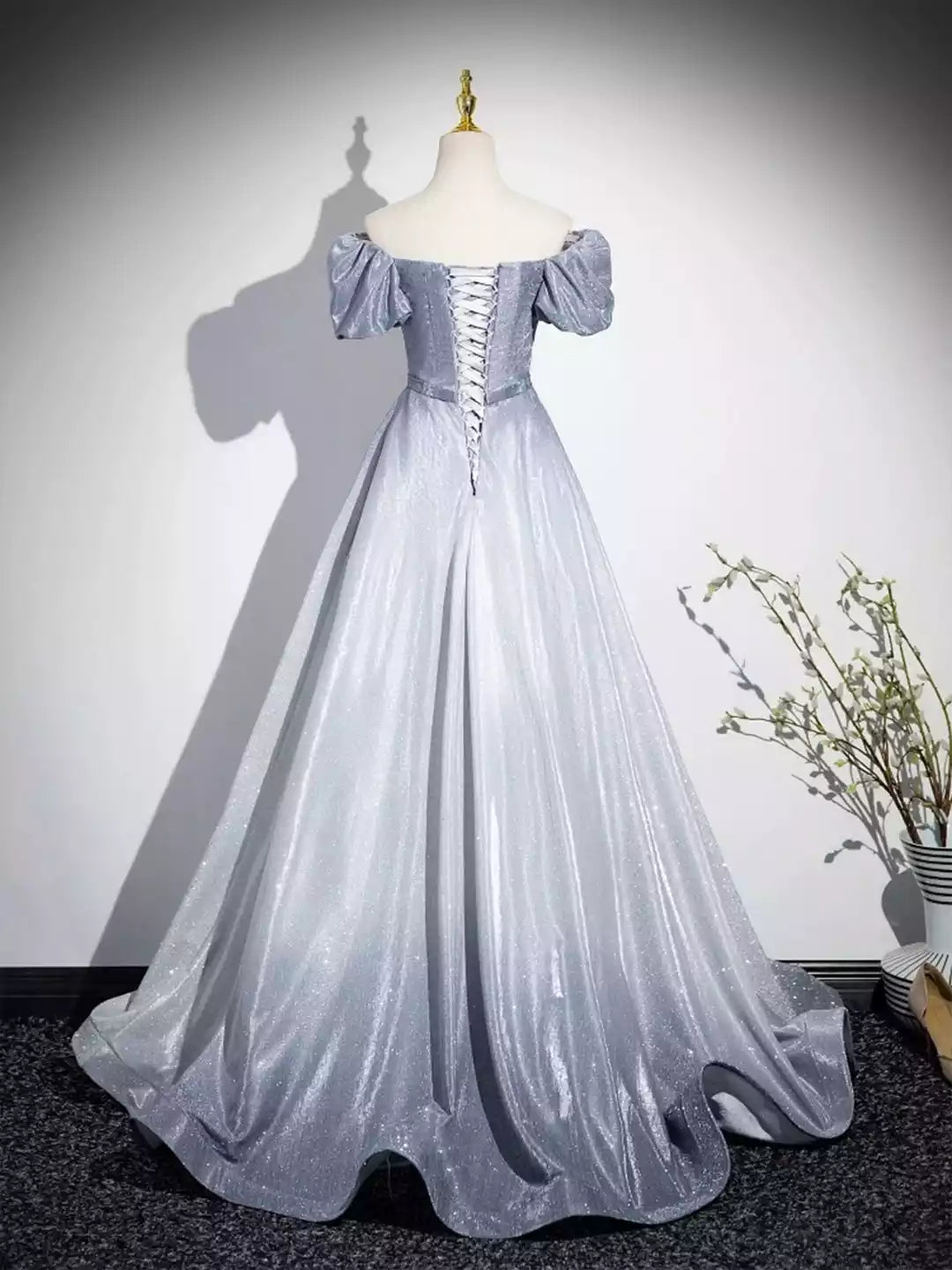 A-Line Princess Off-The-Shoulder Sleeveless Beautiful Gradient-Color Glitter Sequins Prom Dresses Gray Blue Formal Dresses