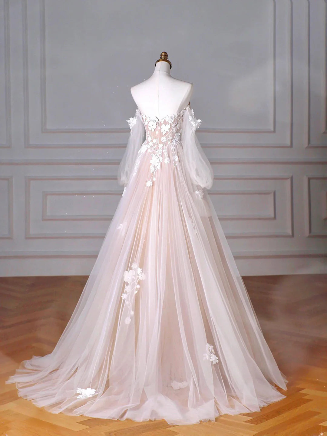 A-Line Puff Sleeves Champagne Tulle Lace Sweetheart Neck Long Formal Dress Party Dress