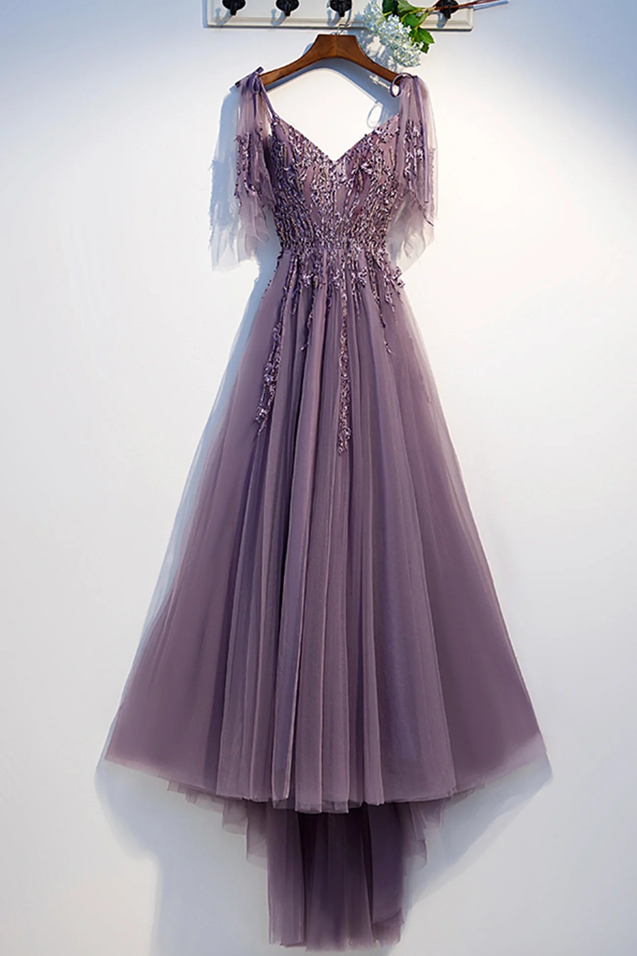 A-Line Purple Tulle Lace Long Prom Dresses Evening Party Dresses