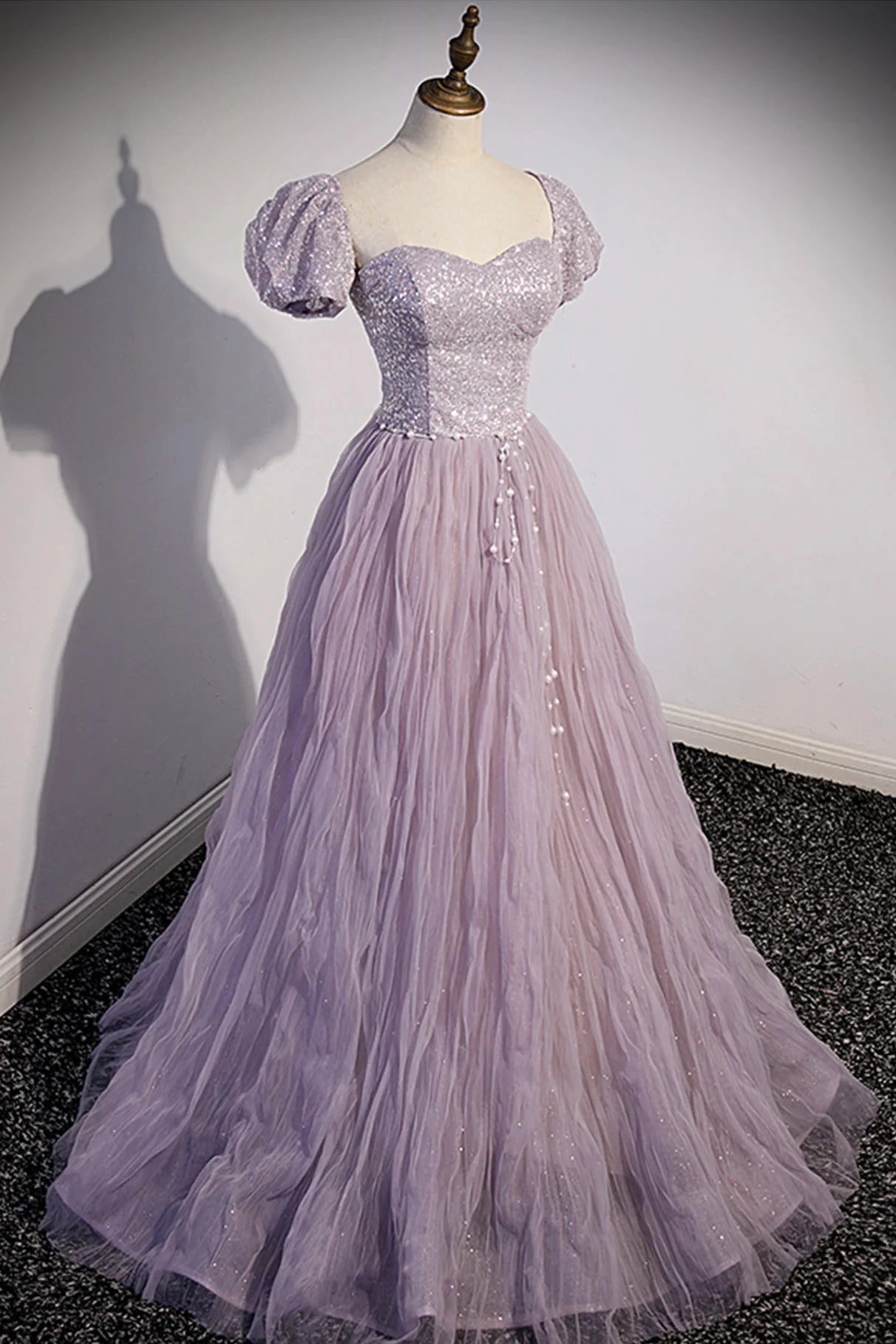 A-Line Purple Tulle Sequins Floor Length Prom Dress Evening Party Dress