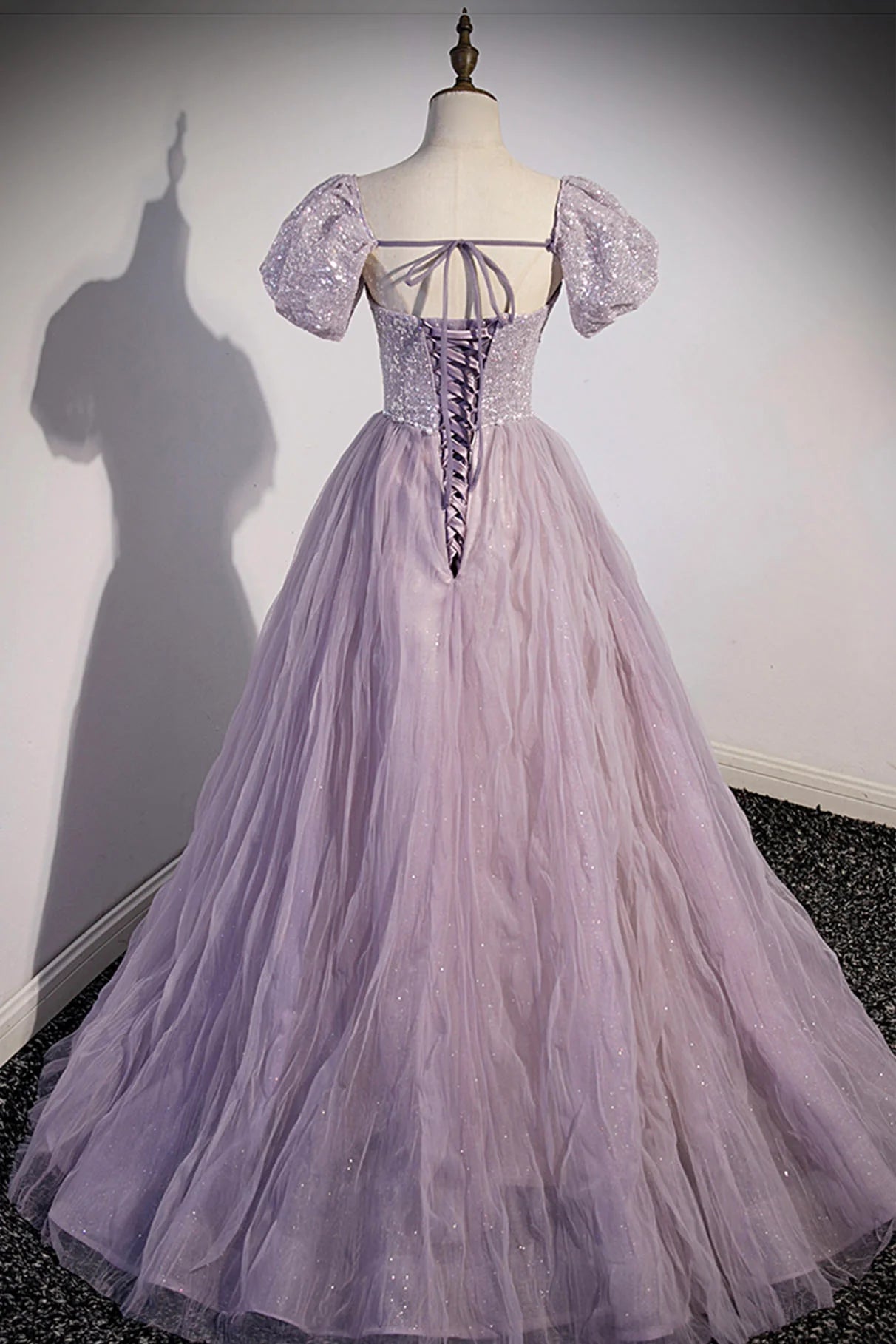 A-Line Purple Tulle Sequins Floor Length Prom Dress Evening Party Dress