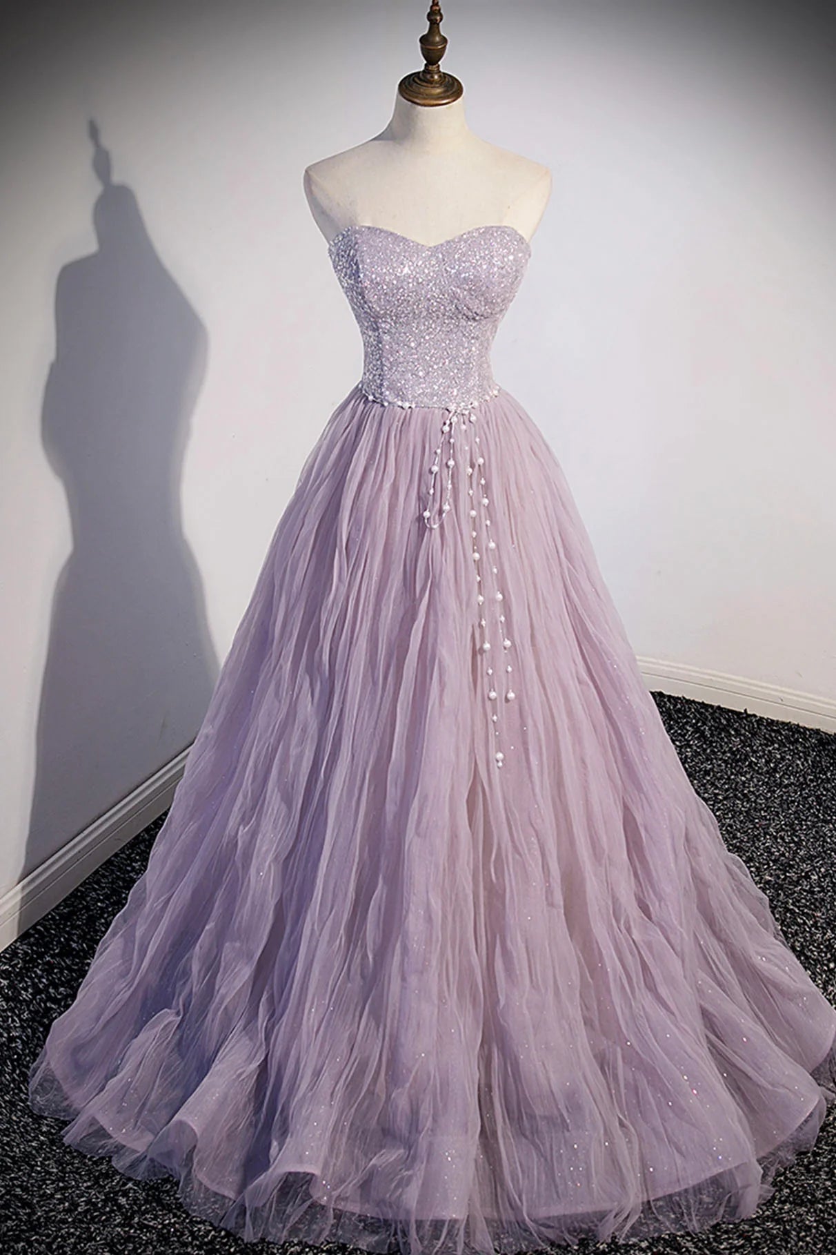 A-Line Purple Tulle Sequins Floor Length Prom Dress Evening Party Dress