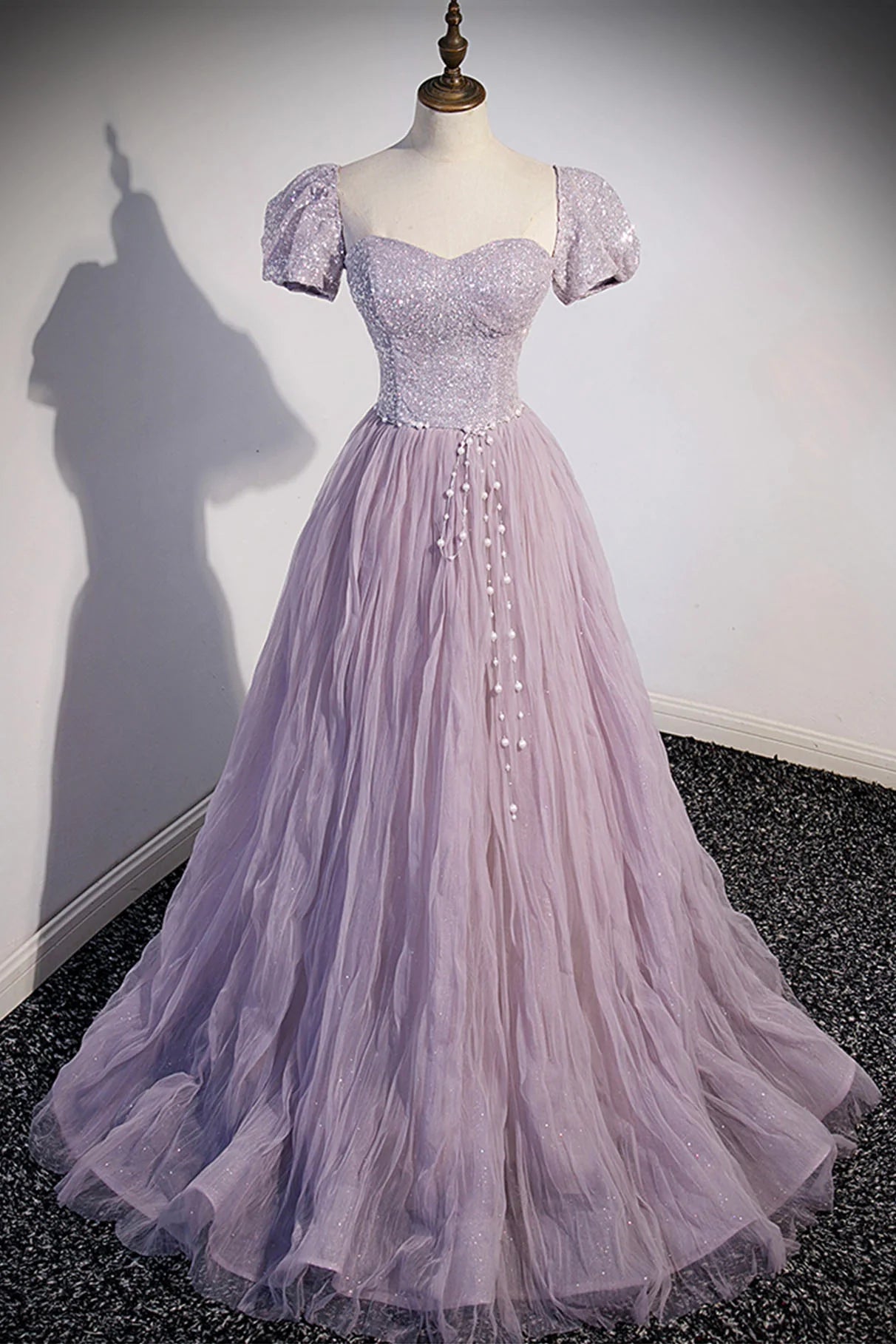 A-Line Purple Tulle Sequins Floor Length Prom Dress Evening Party Dress