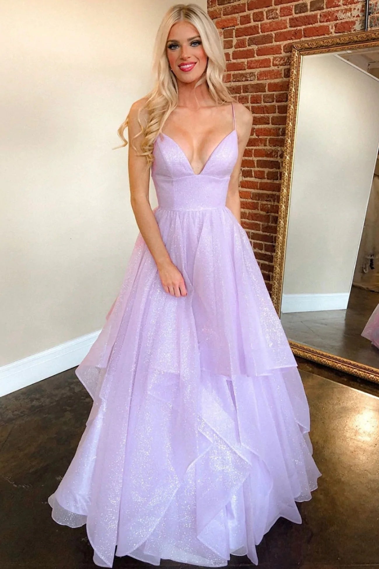 A-Line Purple V-Neck Tulle Long Prom Dress Evening Party Dress
