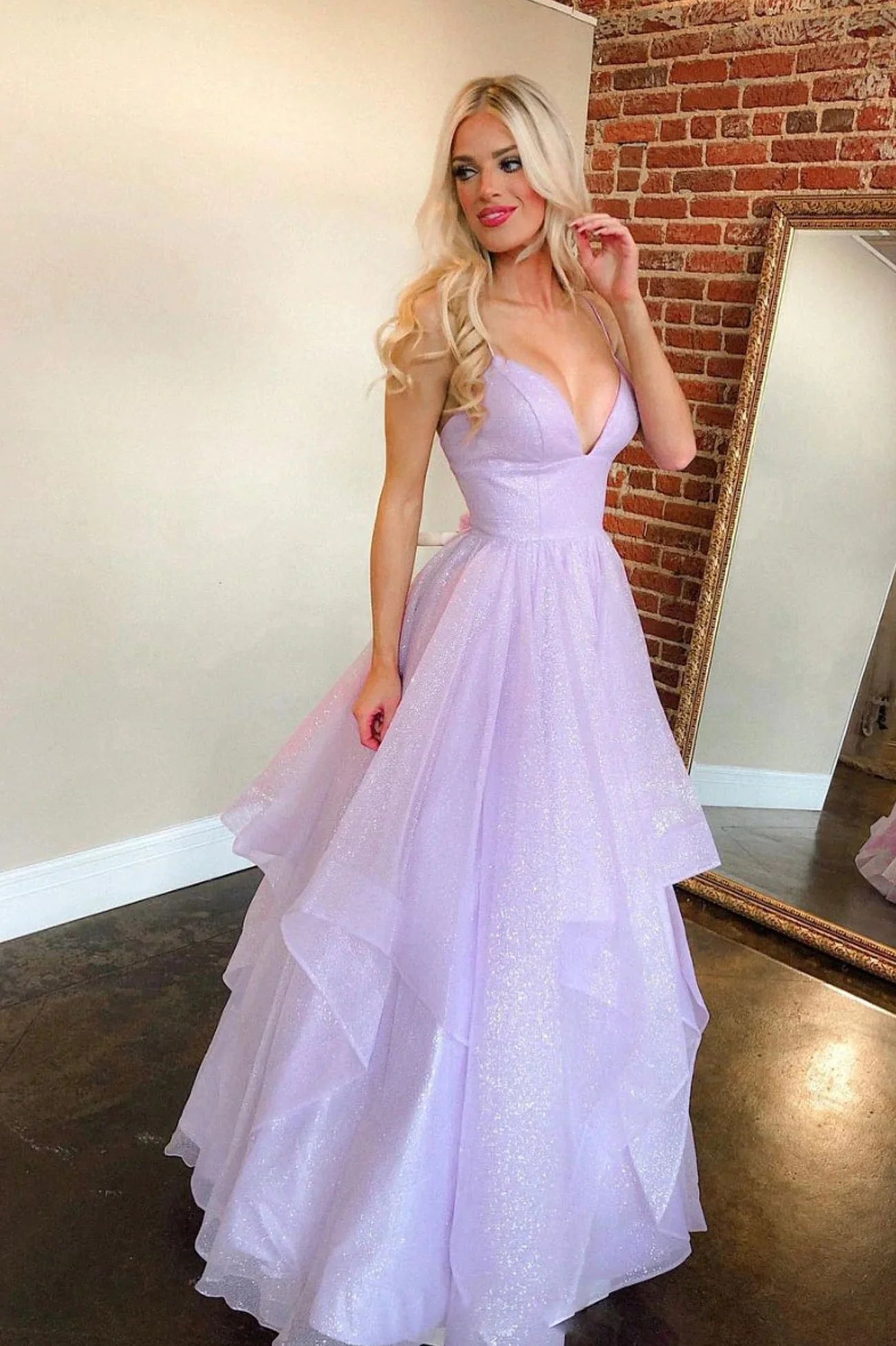 A-Line Purple V-Neck Tulle Long Prom Dress Evening Party Dress