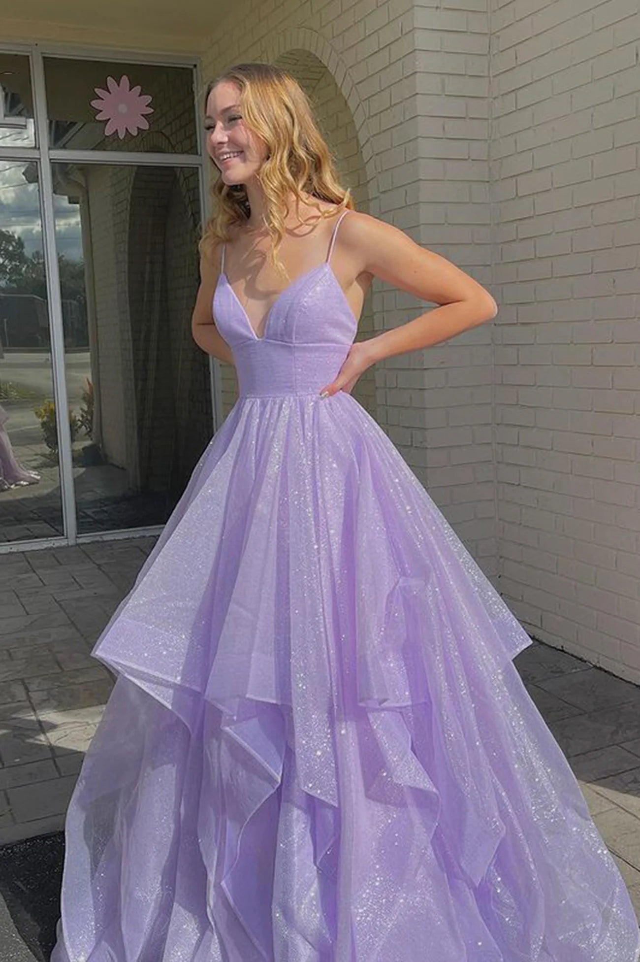 A-Line  Purple V-Neck Tulle Long Prom Dresses Party Evening Dresses