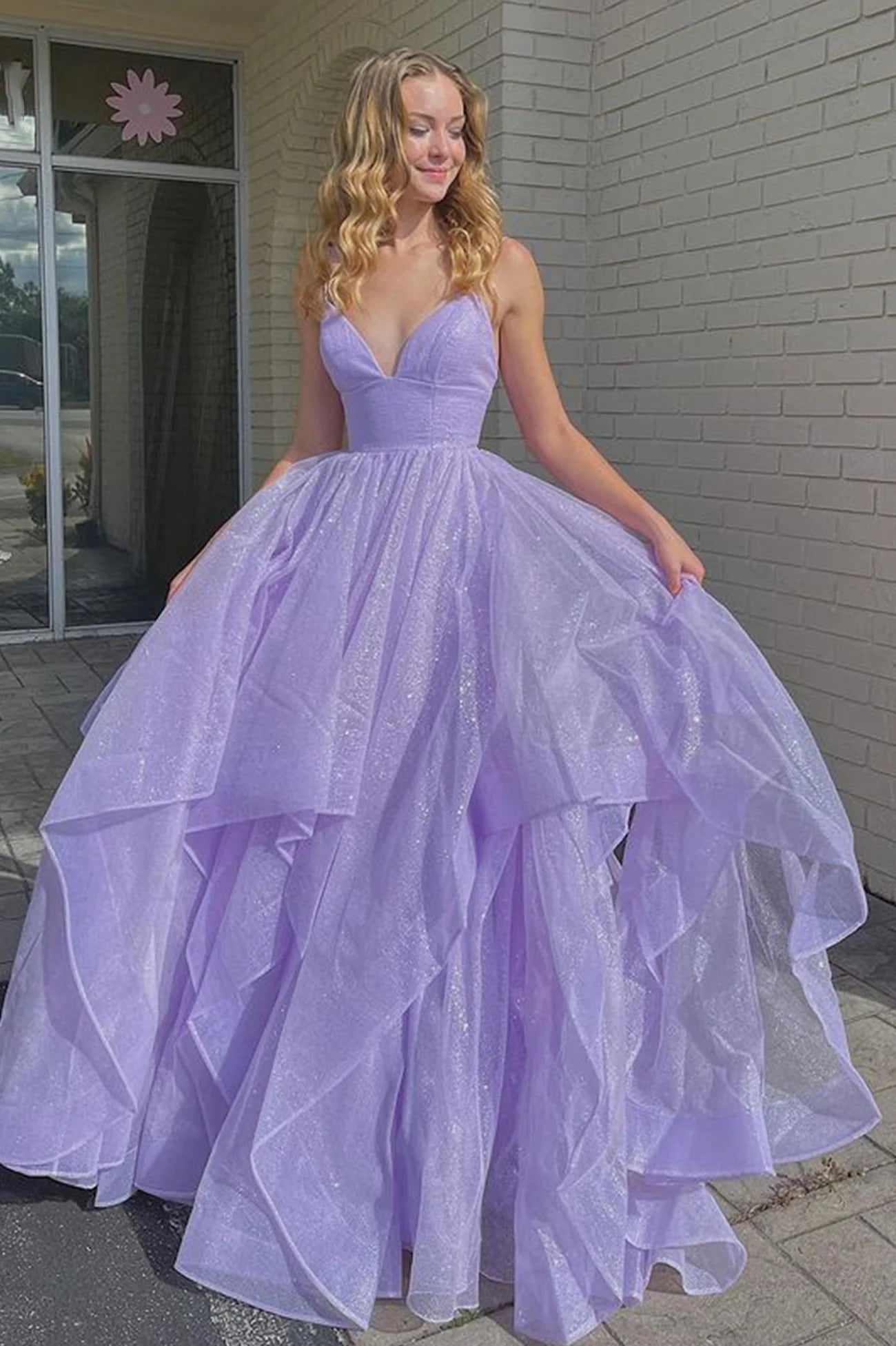 A-Line  Purple V-Neck Tulle Long Prom Dresses Party Evening Dresses