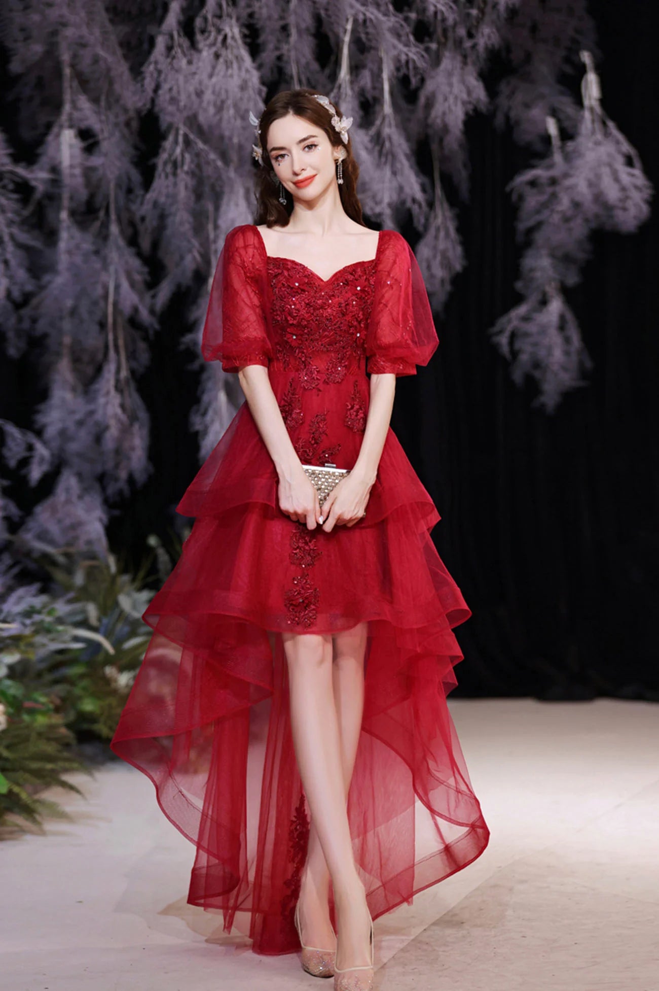 A-Line Red Lace High Low Party Dresses Homecoming Dresses Party Dresses