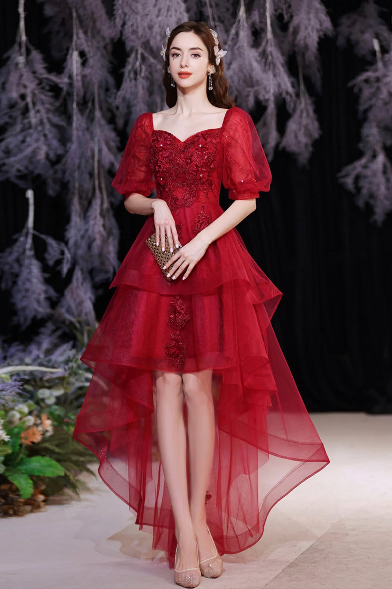A-Line Red Lace High Low Party Dresses Homecoming Dresses Party Dresses