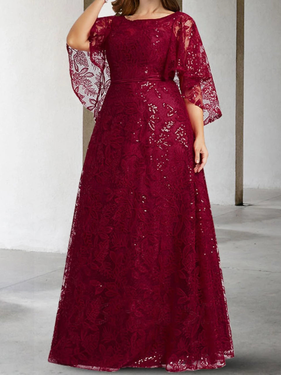 A-Line Round Neck Floor-Length Long Sleeves with Applique Sequins Mother of the Bride Dresse