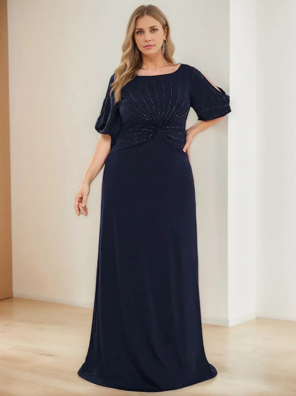 A-Line Round Neck Half Sleeves Floor-Length Plus Size with Hot Drill Mother of the Bride Dresses