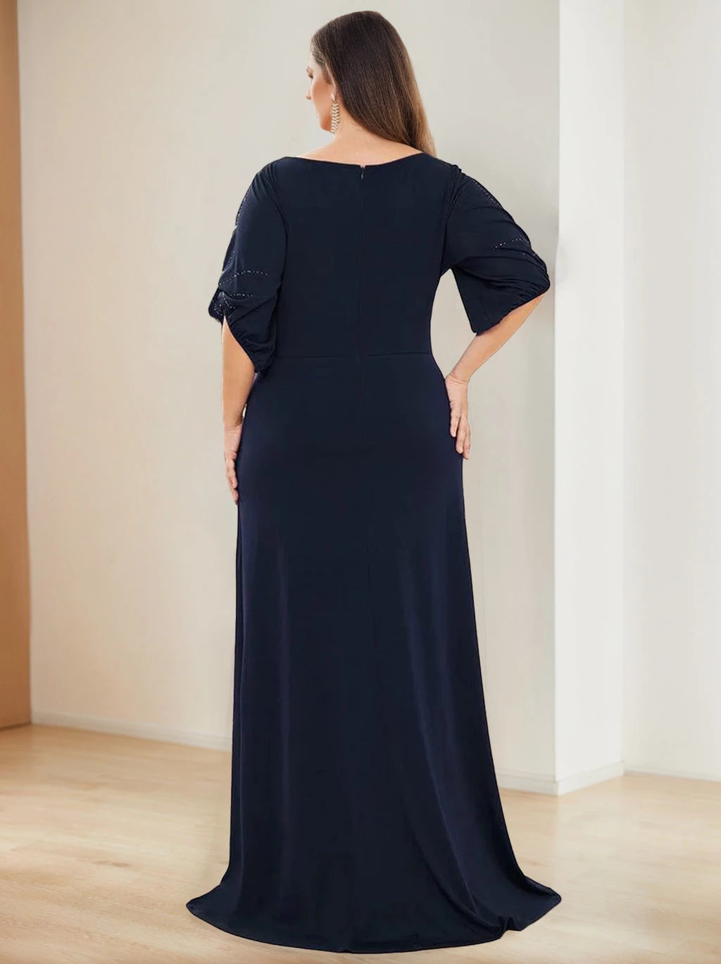 A-Line Round Neck Half Sleeves Floor-Length Plus Size with Hot Drill Mother of the Bride Dresses