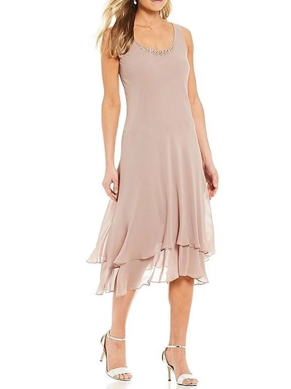 A-Line Round Neck Sleeveless Tea-Length Pantsuits With Jacket Mother of the Bride Dresses