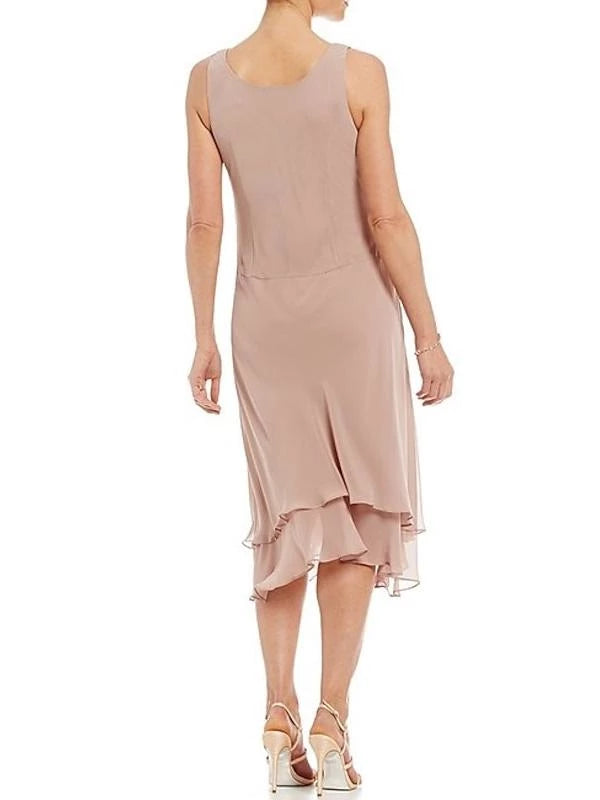 A-Line Round Neck Sleeveless Tea-Length Pantsuits With Jacket Mother of the Bride Dresses