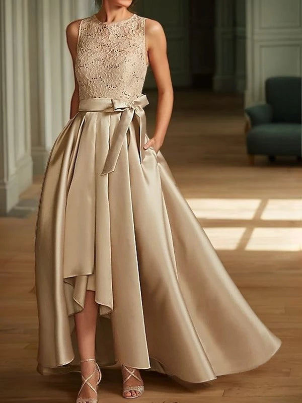 A-Line Satin Belt Applique Scoop Sleeveless Asymmetrical Mother of the Bride Dresses