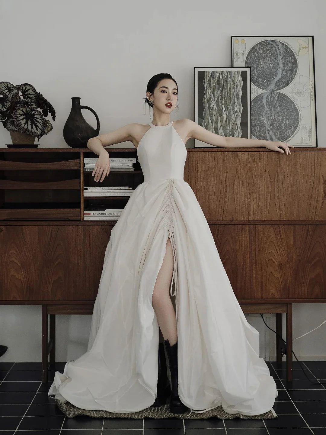 A-Line Satin  Elegant Halter Satin Long Prom Dress Evening Party Dress Wedding Dresses