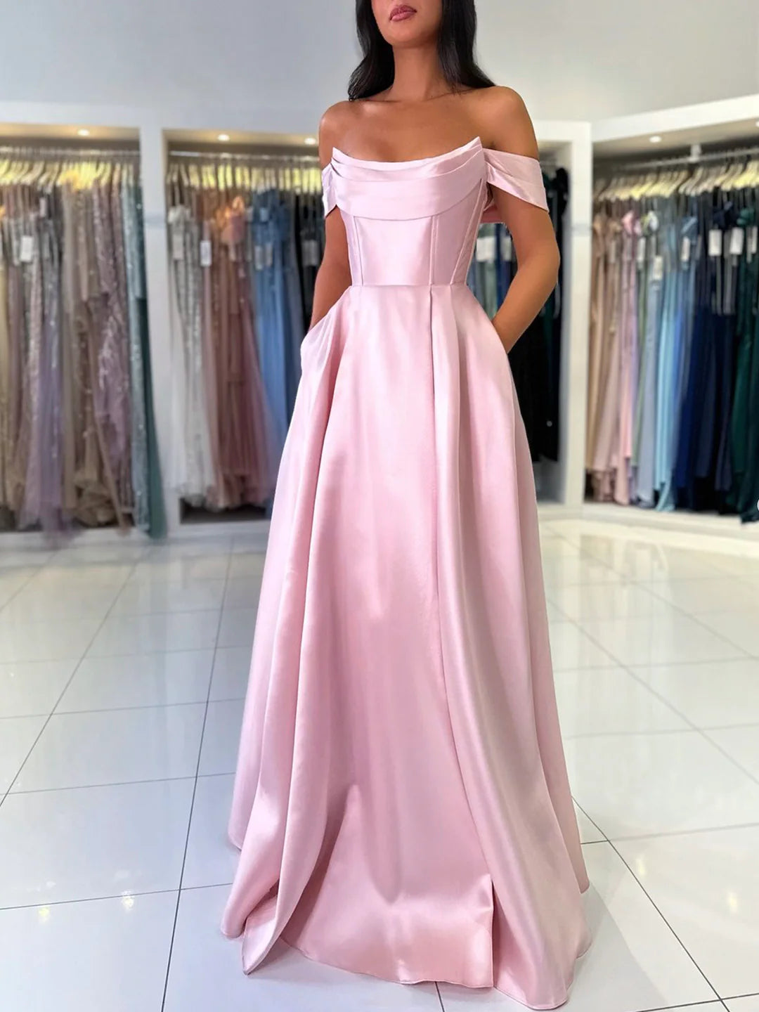A-Line Satin Long Prom Dress Simple Off the Shoulder Floor length Evening Party Dress